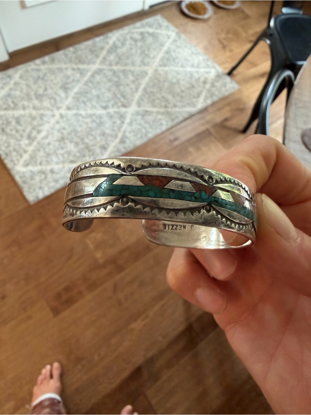 Navajo Sterling Silver Turquoise Coral Inlay Cuff Bracelet